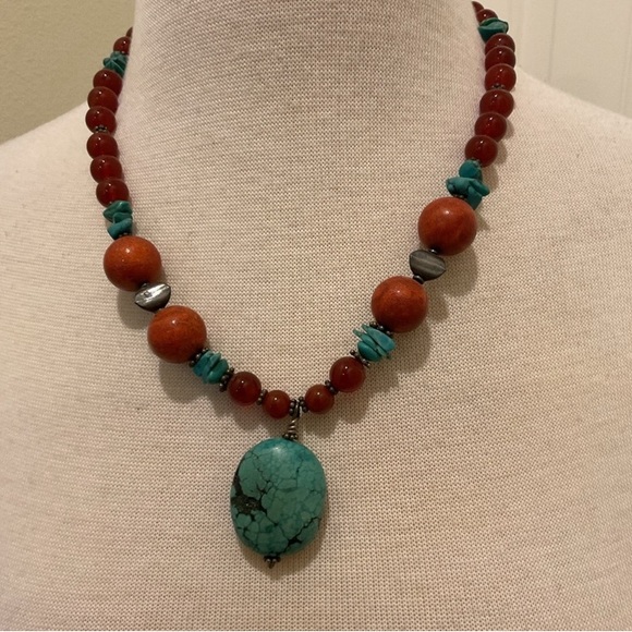 ARTISAN Necklace Handmade Turquoise Carnelian Coral Sterling Silver - Picture 3 of 10